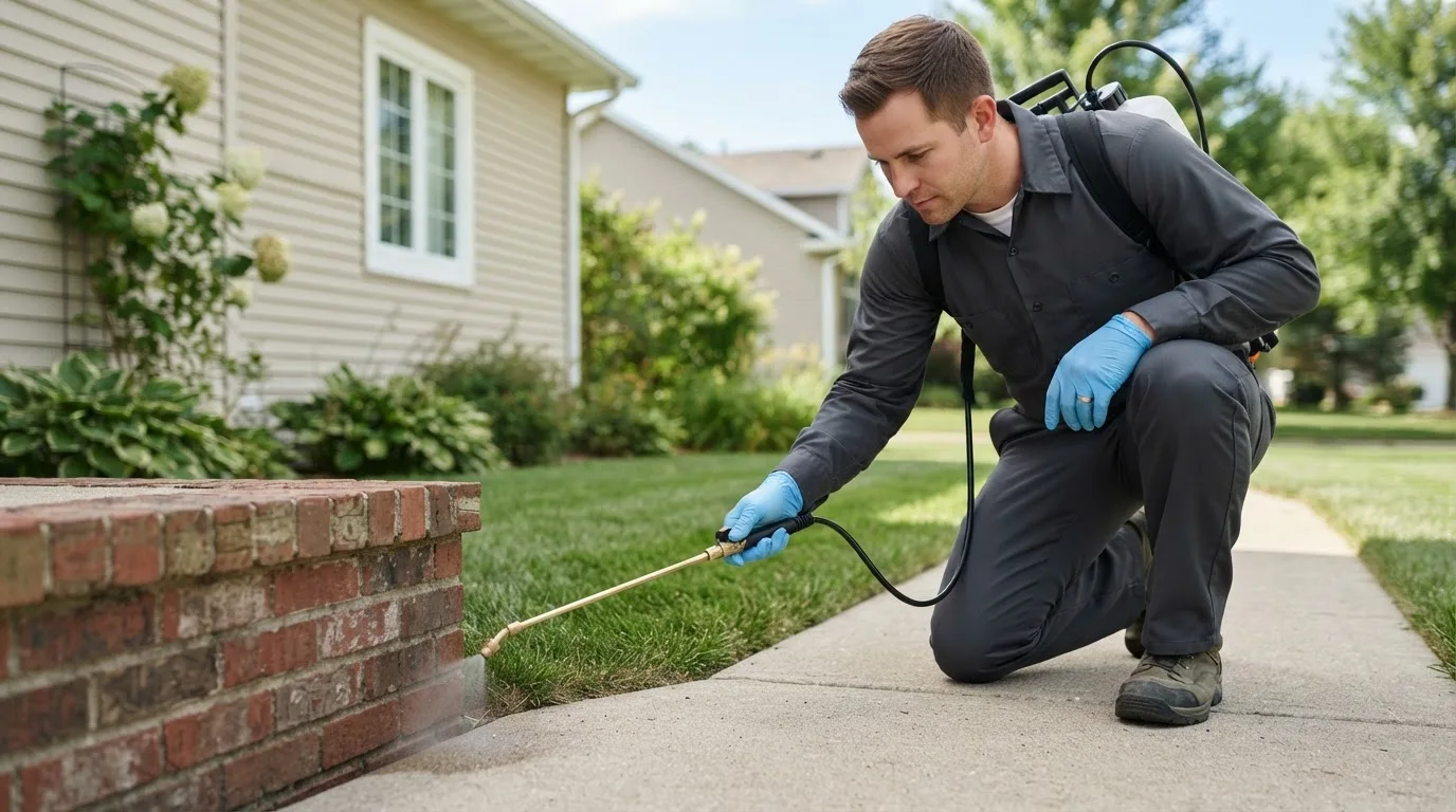 Pest control technician treating a home near Leasburg, MO