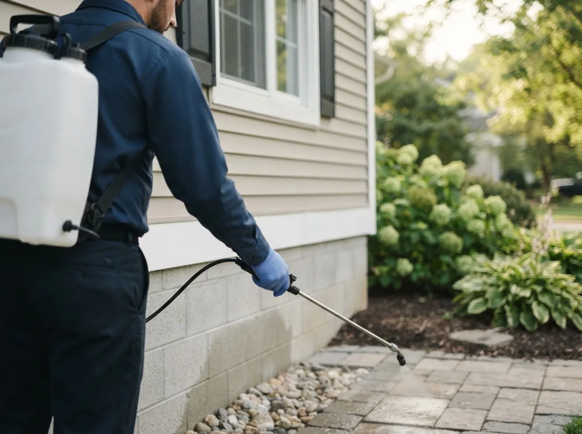 Pest control technician inspecting a home in Leasburg, MO